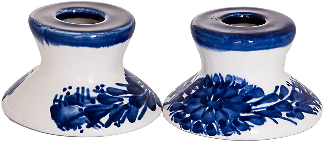(D) Candle Sticks Ceramic in Blue and White Holders 3x2 Inch Set of 2