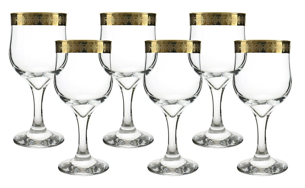 (D) Set of 6 'Fleur De Lis' Wine Glasses, Luxury Vintage Pattern
