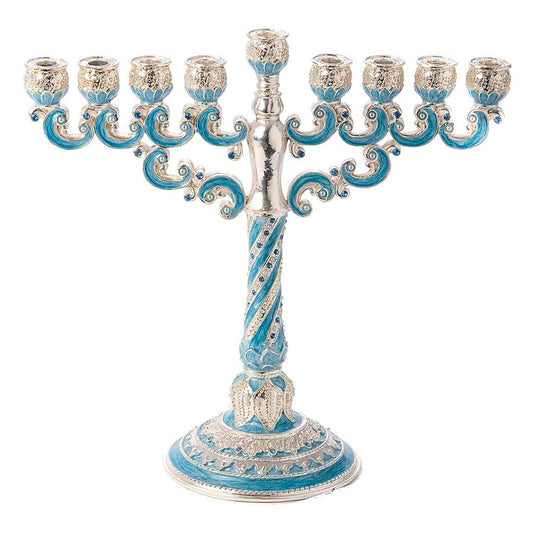 (D) Judaica Menorah Jewelled Blue Candle Holder with Swarovski Stones