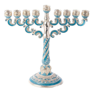 (D) Judaica Menorah Jewelled Blue Candle Holder with Swarovski Stones
