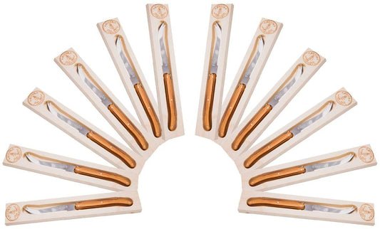(D) Laguiole French Hand Made Rustic Olive Wood Cheese Knife in a Box, Vintage (12 PC)