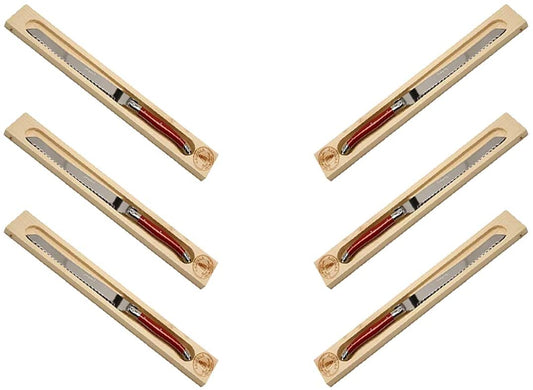 (D) Bread Knife Laguiole French Hand Made in Wood Box, Vintage (6 PC, Red)