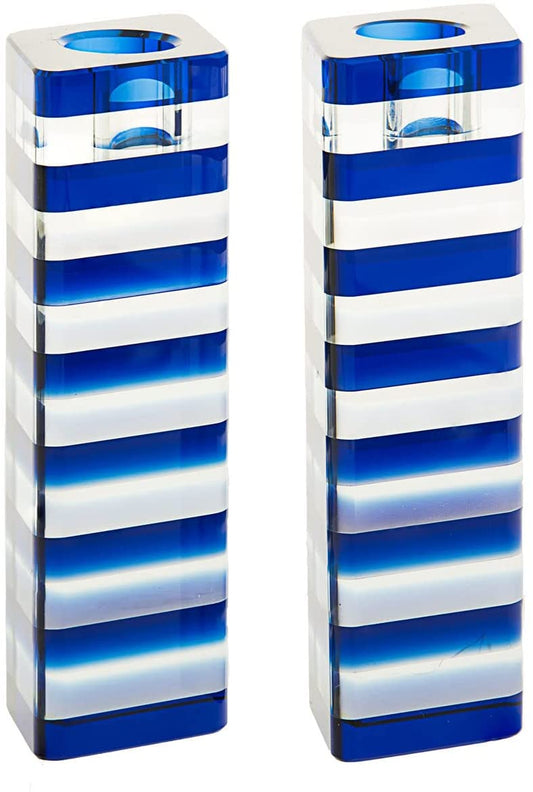 (D) Judaica Blue Stripe Crystal Candlesticks Jewish Set 2pc Shabbat Collection