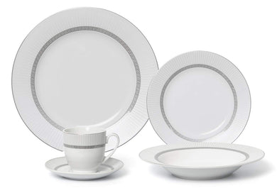 Royalty Porcelain 5-pc Vintage Silver Greek Key 'Antique Greek' Dinner Set for 1, Premium Bone China