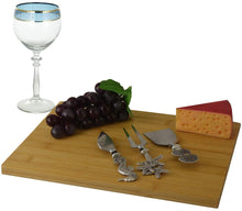 (D) Bamboo Cheese Board, Wooden Board with Silver Knife, Fork 4-pc 'Seashell'