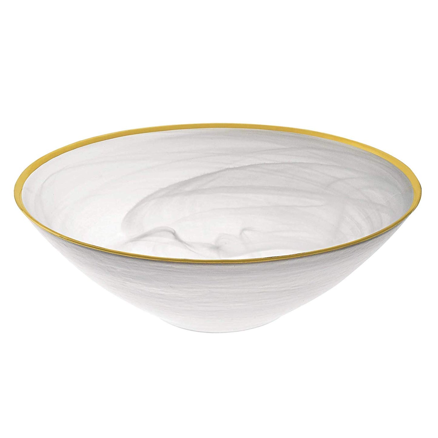 (D) Elegant White Alabaster Glass Round Bowl Decorated with Gold Trim 10 Inches