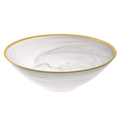 (D) Elegant White Alabaster Glass Round Bowl Decorated with Gold Trim 10 Inches
