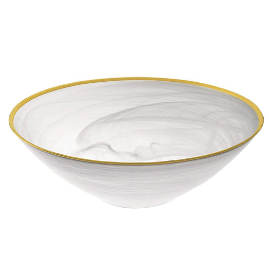 (D) Elegant White Alabaster Glass Deep Bowl Decorated with Rim 6 Inches (Gold)