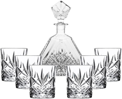 (D) Judaica Crystal Decanter Original Design Set with 6 Cups 21.9 Oz (Silver)