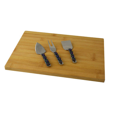 (D) Bamboo Cheese Board, Wooden Board with Silver Knife, Fork 4-pc Purple Stones