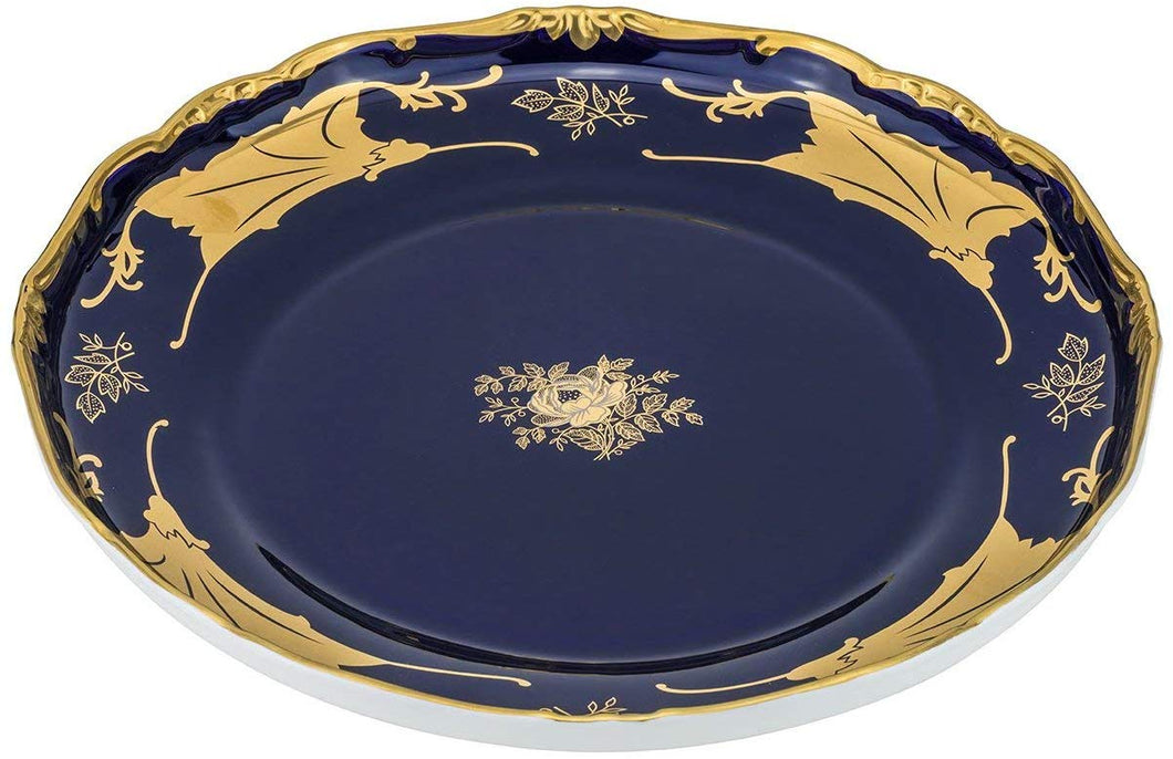 Royalty Porcelain Blue Fruit Serving Platter, Leaves' 24K Gold Pattern (14R)