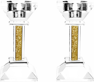 (D) Judaica Crystal Candlesticks with Stones Candle Holder (5.3'', Gold)