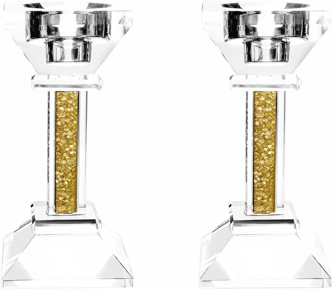 (D) Judaica Crystal Candlesticks with Stones Candle Holder (5.3'', Gold)