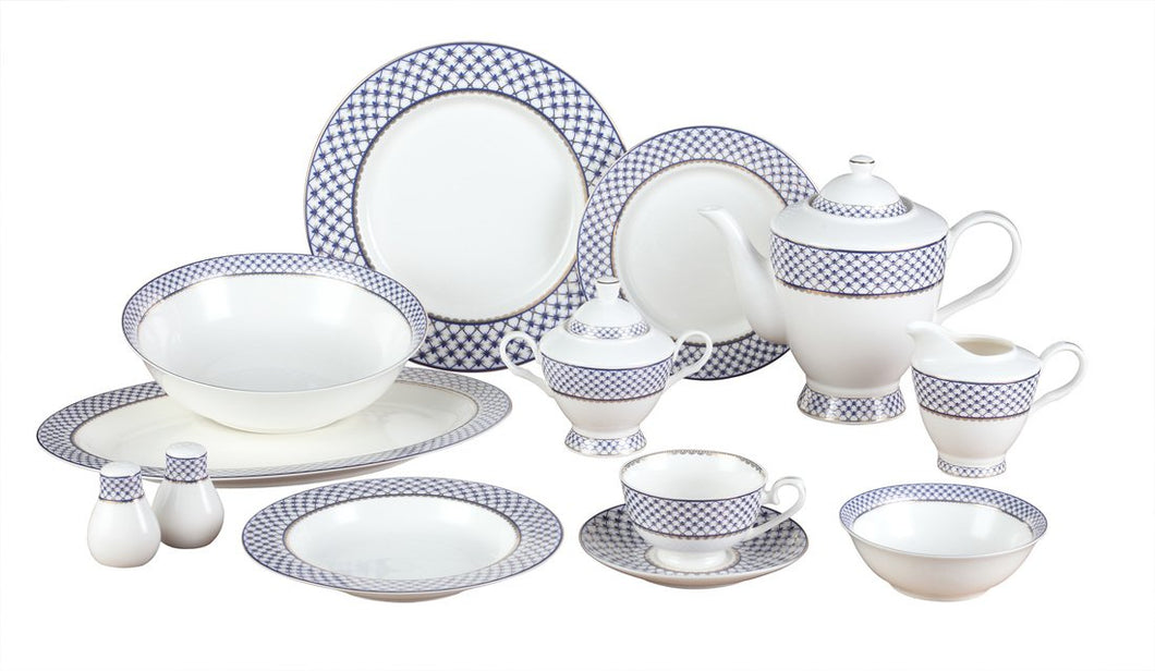 Royalty Porcelain 57pc Banquet Dinnerware Set for 8, Bone China (VILLA AZURE-57)