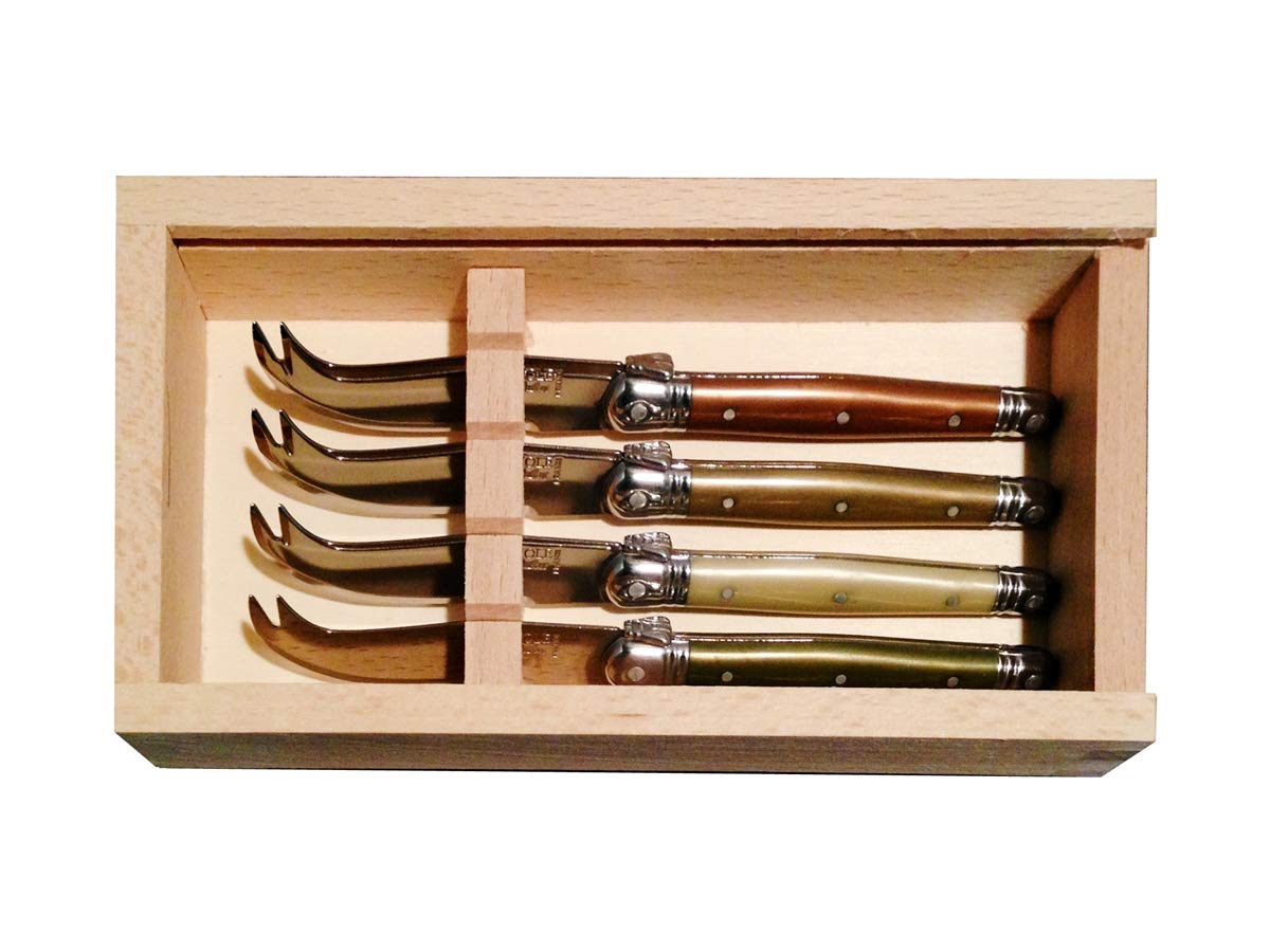 (D) Laguiole French Hand Made 4 Cheese Knives in Wood Box, Vintage (Mineral)