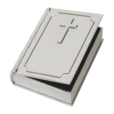 (D) Stainless Steel Book Shaped Jewelry Box with Cross, Silver Christian Box