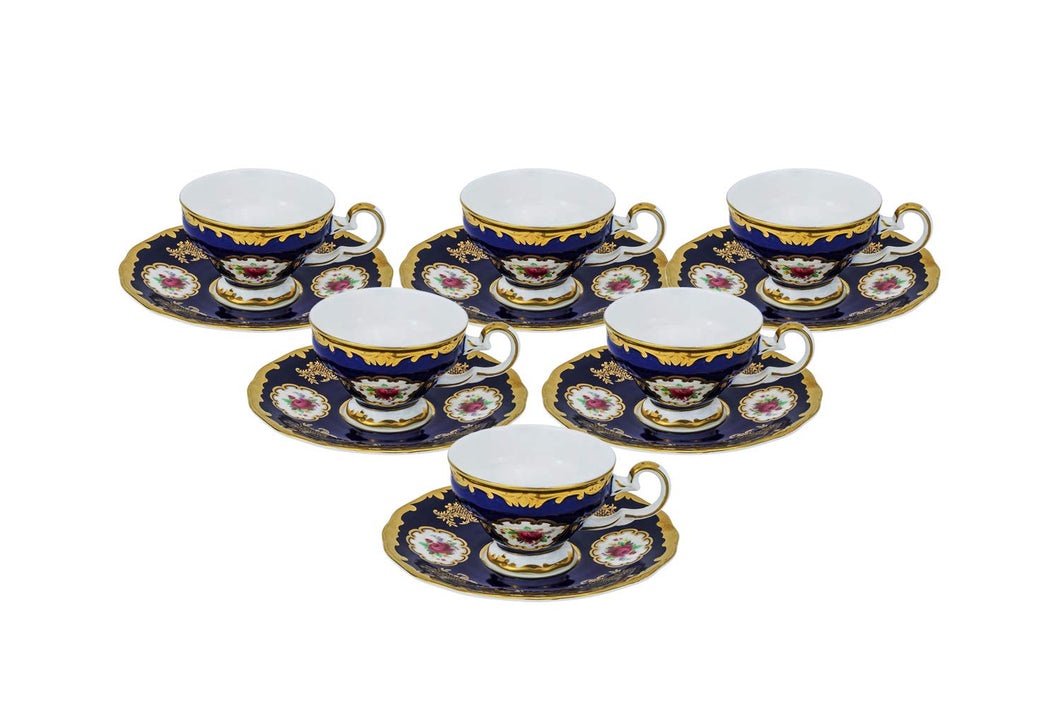 Royalty Porcelain 12pc Miniature Espresso Coffee Sets Blue with Gold Pink Roses