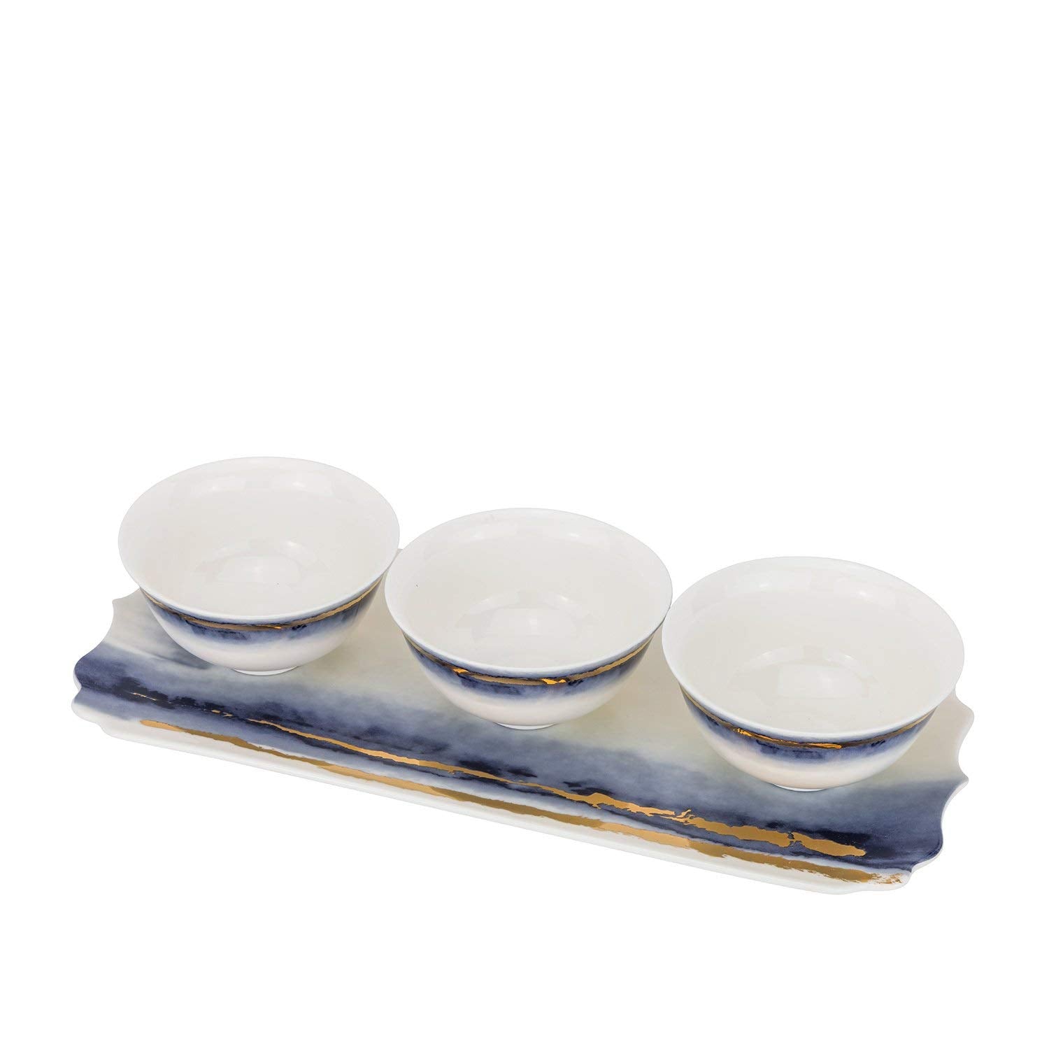 Royalty Porcelain blue and white 4-piece dip bowl set arranged on coordinating serving tray