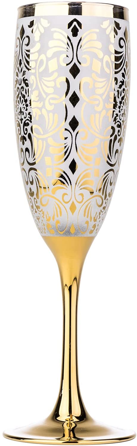 Set Of 6 Champagne Flute GLasses 6 OZ, Gold Flower Design