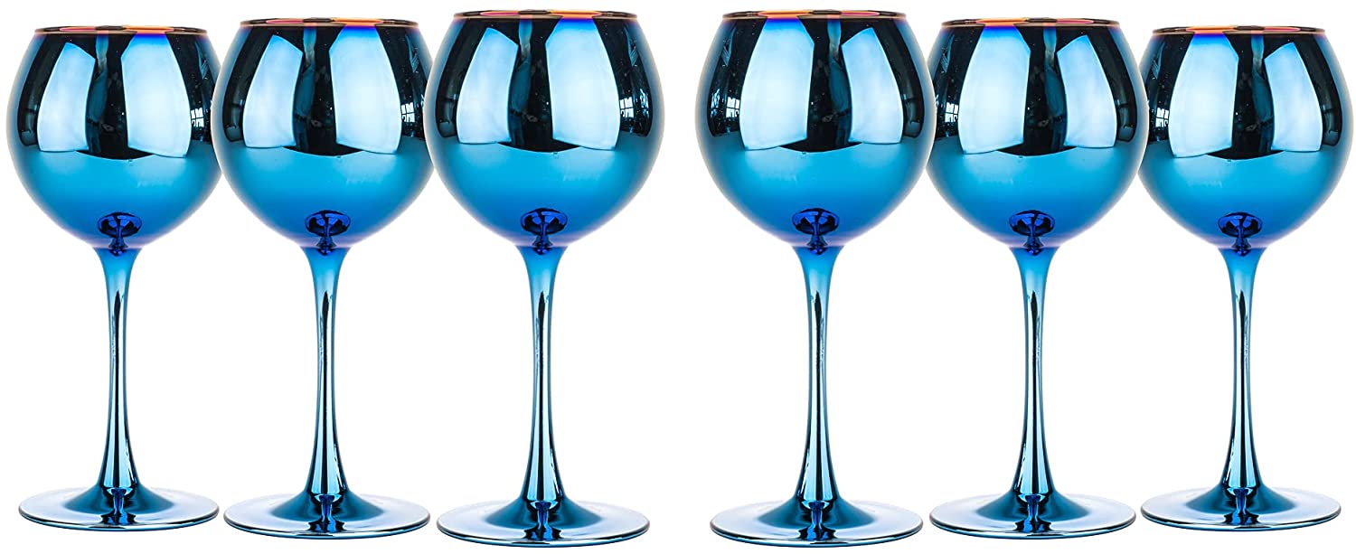 Set Of 6 Amethyst Wine Goblet Glasses 12, Blue Rainbow Design