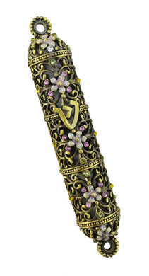 (D) Gold Handcrafted Mezuzah, Flowers Design with Purple Swarovski Crystals 4.5 Inch