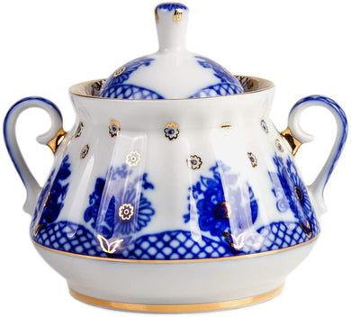 (D) Royalty Porcelain Russian Lomonosov Cobalt Blue Sugar Bowl 'Basket'
