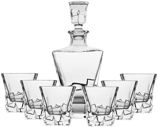 (D) Cube Design Crystal Decanter Set with Six Cups For Cognac 9.63 Oz