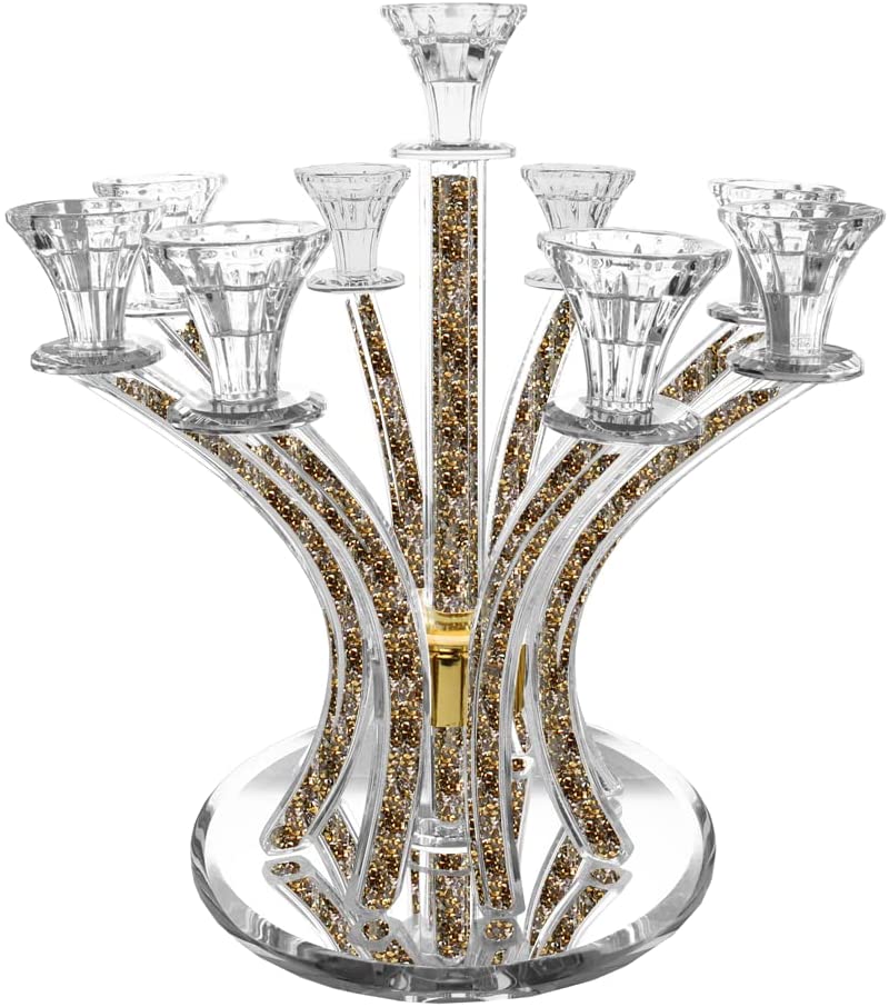(D) Judaica Crystal Candelabra with Stones 9 Arms Candle Holders (Gold Silver)