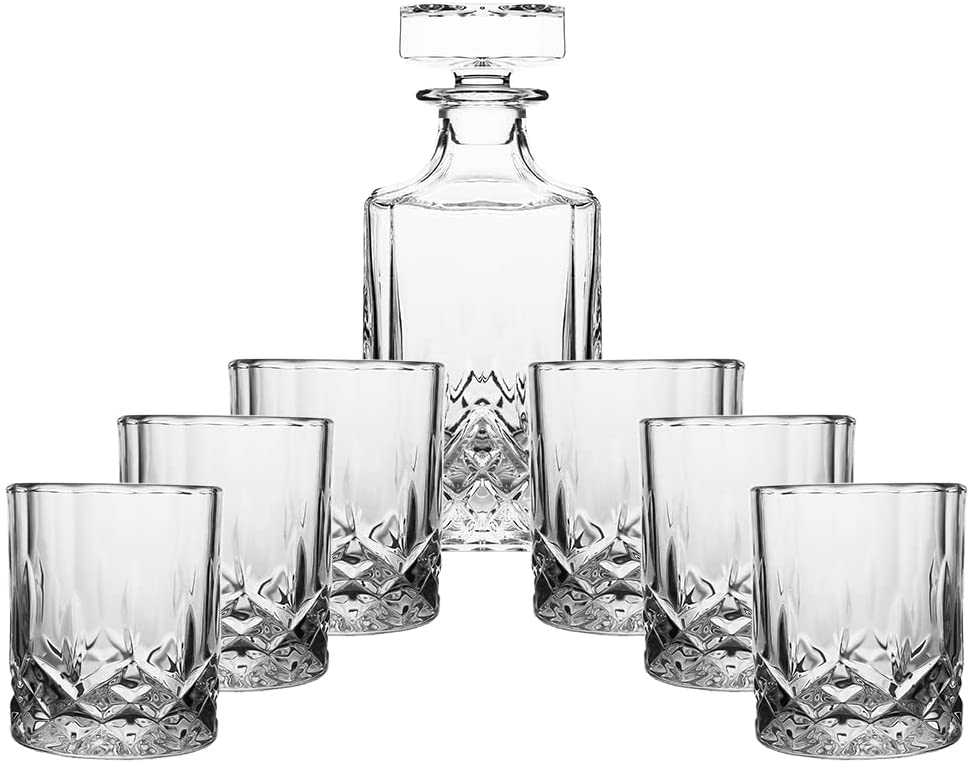 (D) Crystal Decanter Design at Bottom Set with 6 Cups Clear