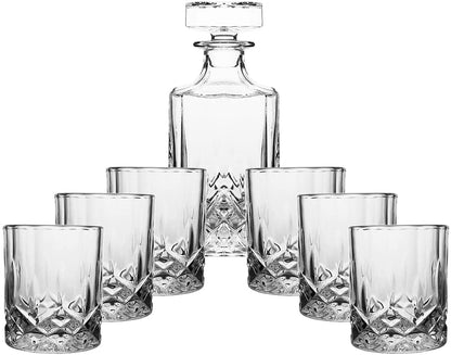 (D) Crystal Decanter Design at Bottom Set with 6 Cups Clear