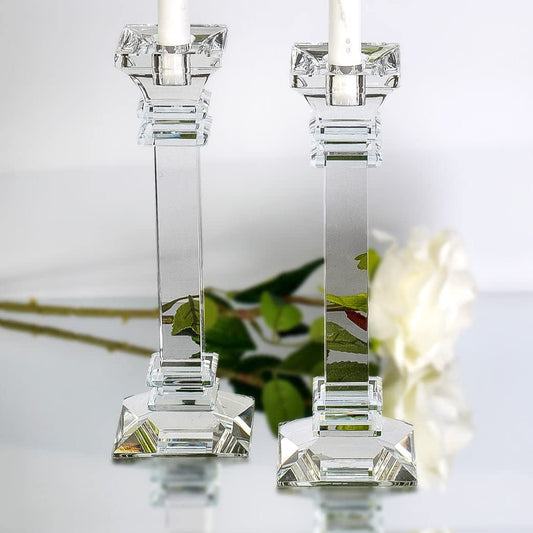 (D) Judaica Tall Clear Crystal Candle Sticks Set of 2 Large Candle Holders