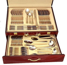 Italian Collection 'Verona' 75-Piece Premium Surgical Stainless Steel Silverware Flatware Set 18/10, Service for 12, 24K Gold-Plated Hostess Serving Set in a Wooden Case
