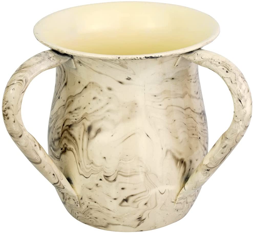 (D) Judaica Stainless Steel Wash Cup with Stone Decor (White Marble)