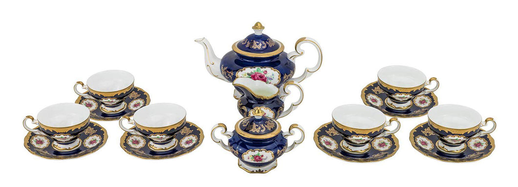 Royalty Porcelain 17-pc Tea set Blue with Pink Rose For 6, Bone China Porcelain