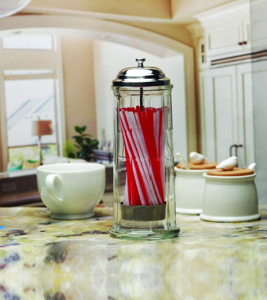 D) Kitchen Organizer for Countertop Clear Glass Straw Holder with Chr