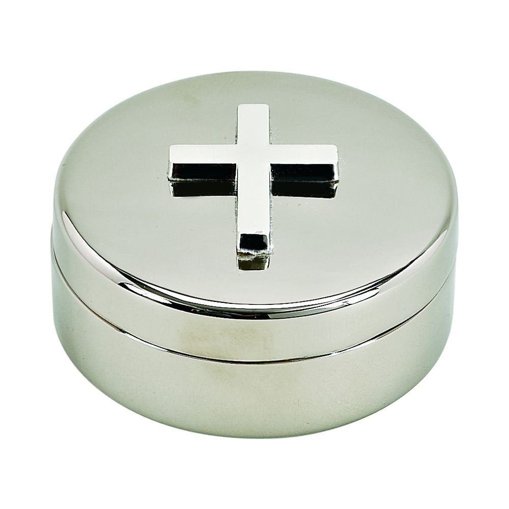 (D) Stainless Steel Round Box with Cross on Cover, Christian Silver Storage Box