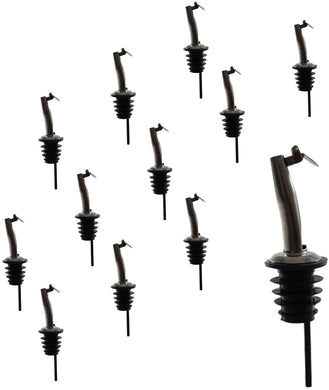 Stainless Steel Tapered Liquor Bottle Pourer with Flip Cap, Black, Barware (12 Pieces)