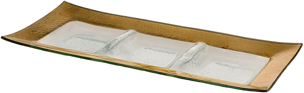 (D) Judaica Glass Rectangular Tray with 3 Sectionals 18x8.5'' (Gold)