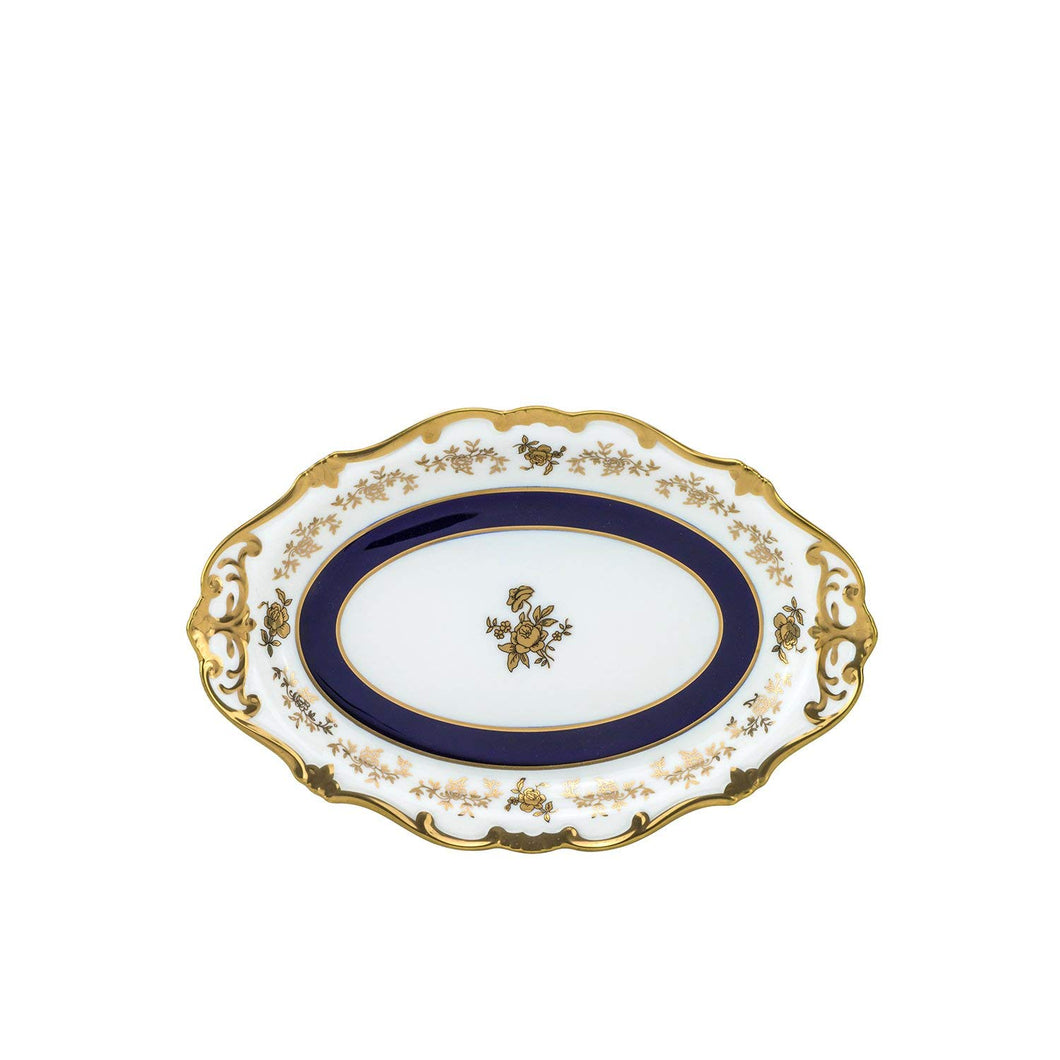 Royalty Porcelain Oval White Floral Serving Platter with Blue Gold Strip (10)
