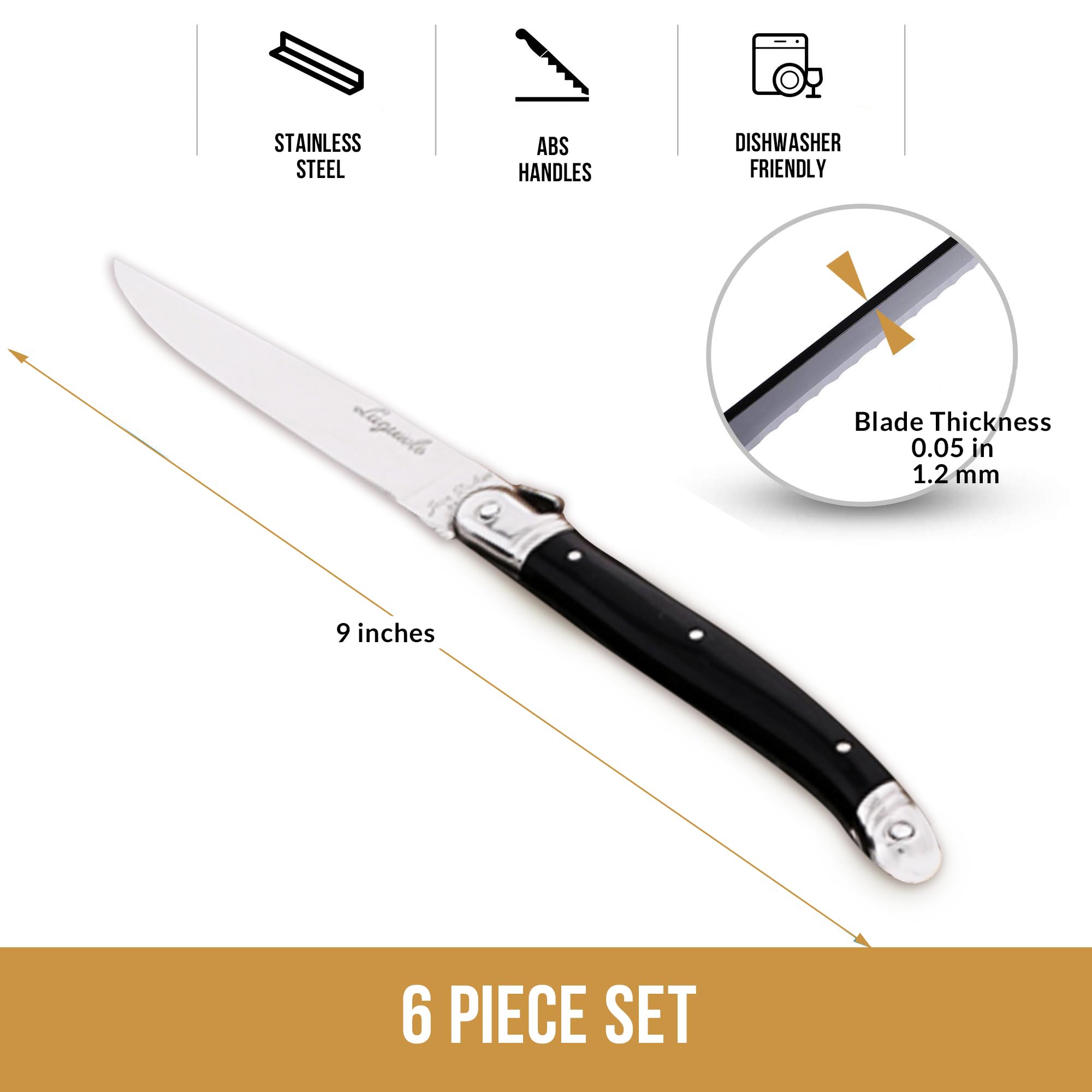 (D) Steak Knives in Tray 6 Pc Set, Stainless Steel Blades (Black or Gray or Ivory or Red)