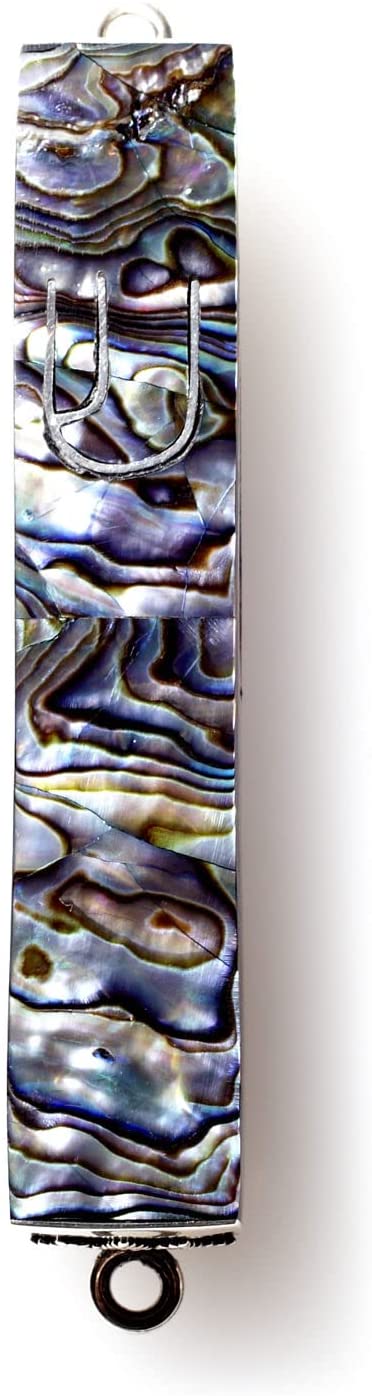 (D) Judaica Sterling Silver Mezuzah Case 3 Inch (Blue Abalone)