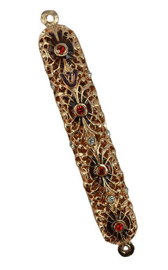(D) Graceful Gold Handcrafted Mezuzah with Red Swarovski Crystals 6 Inch