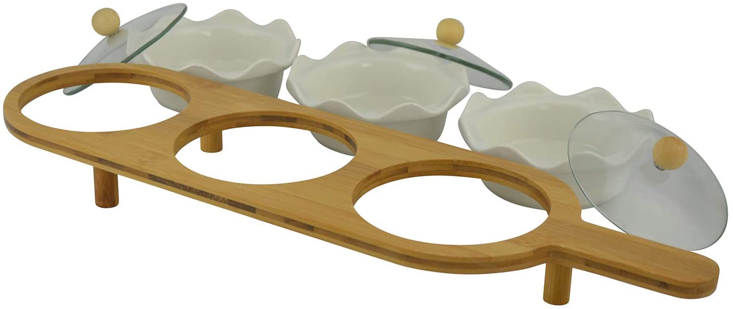 (D) Serving Stand 3 White Porcelain Dessert Bowls with a Lids on Platter Stand