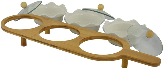 (D) Serving Stand 3 White Porcelain Dessert Bowls with a Lids on Platter Stand