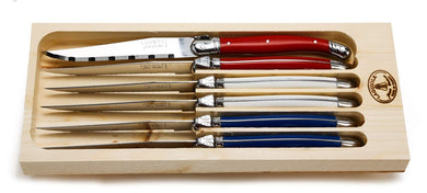(D) Laguiole French Hand Made 6 Steak Knives Paris Colors in Open Box, Vintage