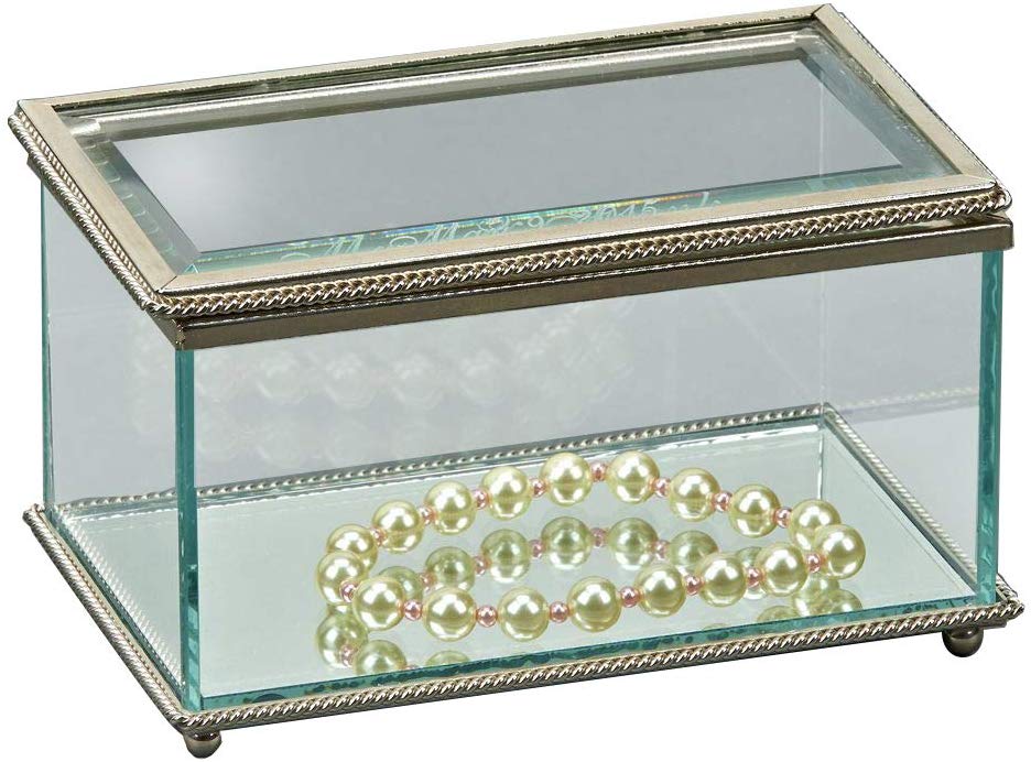 (D) Glass Trinket Jewelry Box for Women with Silver Edges, Storage Box for Gift