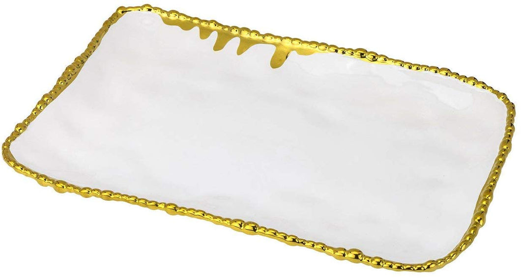 Royalty Porcelain White Ceramic Serving Platter Stand 12.8 Inch with Liquid Rim (Gold)