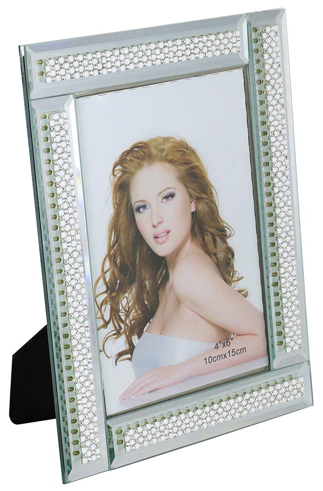 (D) Decorative Handmade Photo Frame with 4 Pearl and Crystal Lines, Table Frame