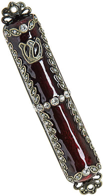 (D) Judaica Mezuzah Case with Stones Enamel 4.5'' (Brown)