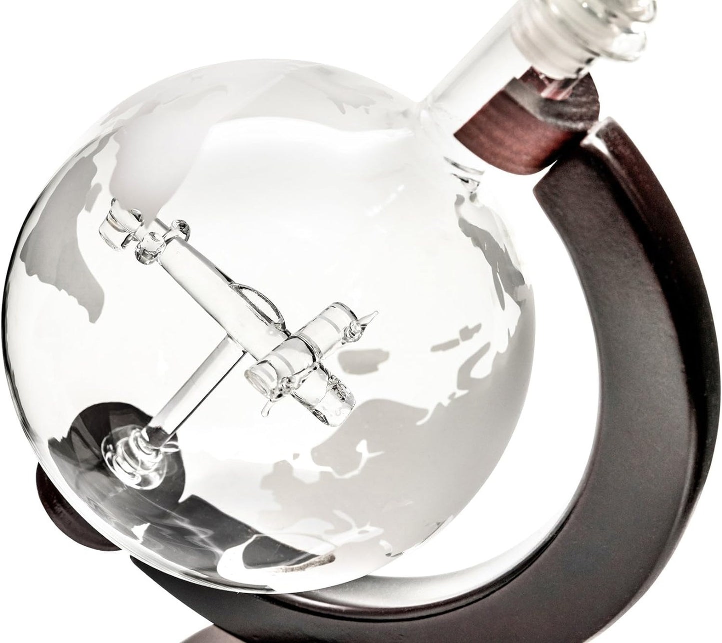Large 50 Oz 'Plane' Handmade Whiskey Liquor Etched Globe Decanter on Wooden Stand